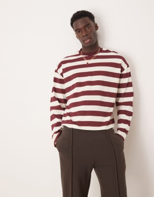 ASOS DESIGN boxy oversized long sleeve t-shirt in burgundy and white stripe-Multi φωτογραφία