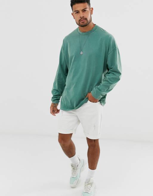 ASOS DESIGN boxy oversized long sleeve t-shirt in green acid wash, 4 of 4