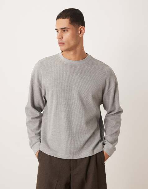 ASOS DESIGN boxy oversized long sleeve t-shirt in grey marl waffle