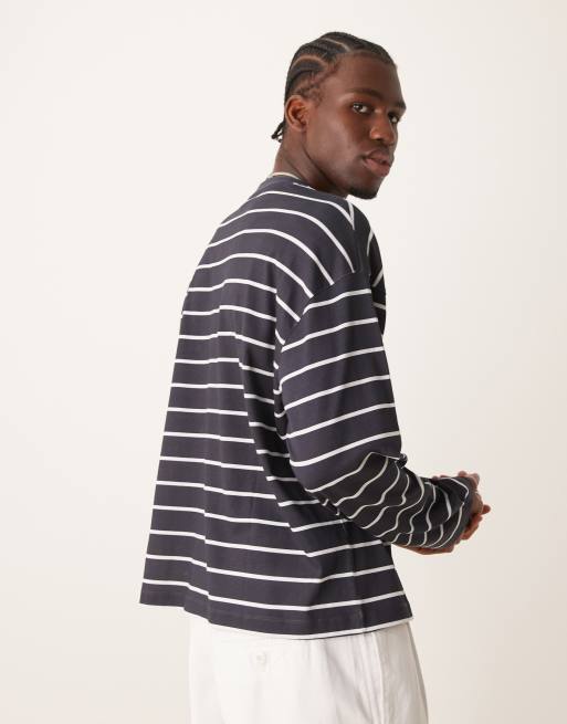 ASOS DESIGN boxy oversized long sleeve t-shirt in navy and white stripe, 3 of 4