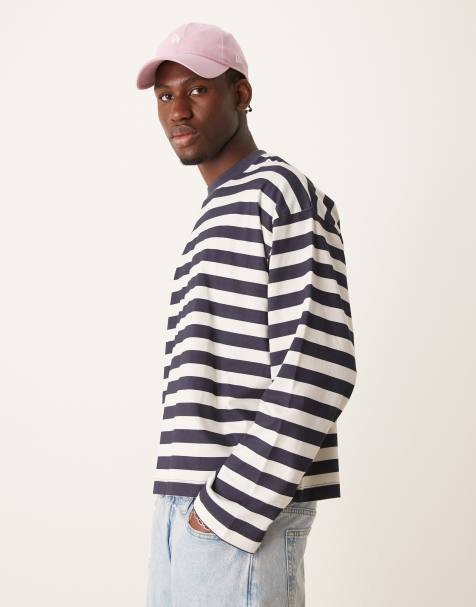 ASOS DESIGN boxy oversized long sleeve t-shirt in navy and white stripe - view 1