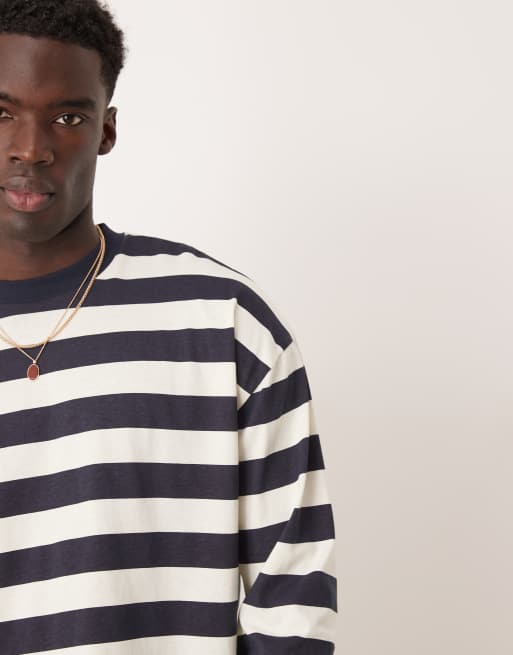 ASOS DESIGN boxy oversized long sleeve t-shirt in navy and white stripe, 3 of 4