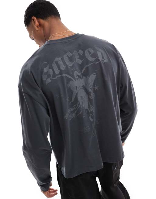ASOS DESIGN boxy oversized long sleeve t-shirt with angel graphic in gray