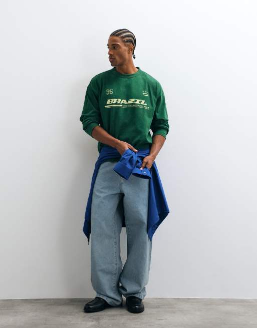 ASOS DESIGN boxy oversized long sleeve t-shirt with Brazil graphic in washed green, 2 of 5