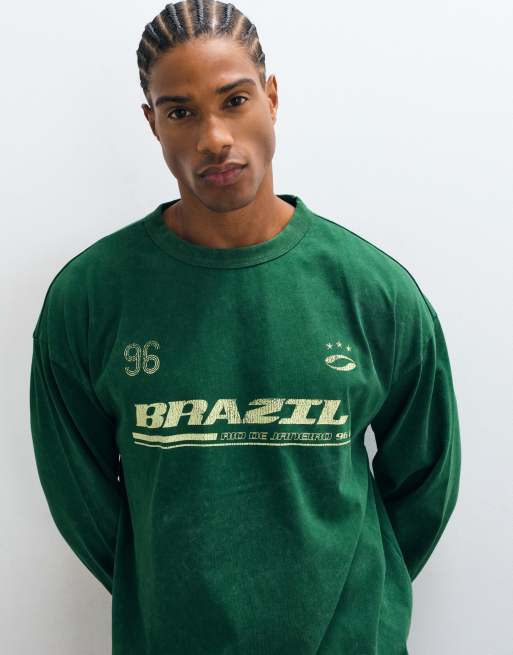 ASOS DESIGN boxy oversized long sleeve t-shirt with Brazil graphic in washed green, 4 of 5