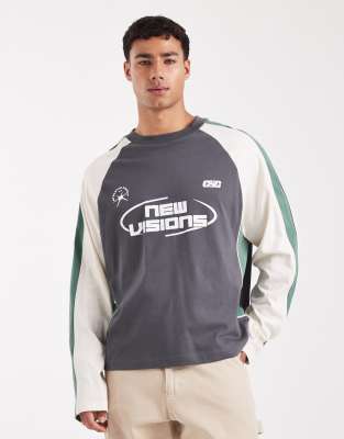 Asos Design Boxy Oversized Long Sleeve T-shirt With Cut And Sew Paneling And Sports Graphics In Multi