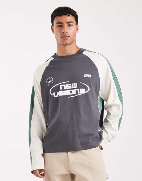 ASOS DESIGN boxy oversized long sleeve t-shirt with cut and sew panelling and sports graphics in dark grey - view 1