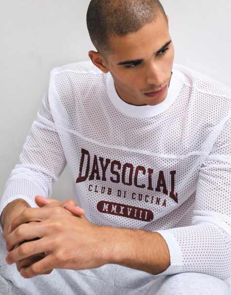 ASOS DESIGN boxy oversized long sleeve t-shirt with daysocial print in white athletic mesh - view 1