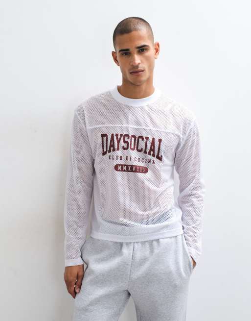 ASOS DESIGN boxy oversized long sleeve t-shirt with daysocial print in white athletic mesh, 2 of 5
