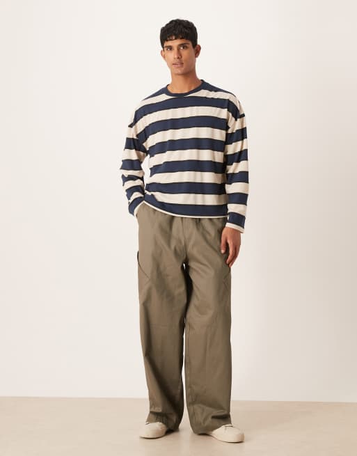ASOS DESIGN boxy oversized long sleeve T-shirt with dropped shoulder in blue and brown stripe