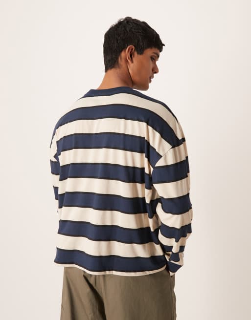 ASOS DESIGN boxy oversized long sleeve t-shirt with dropped shoulder in blue and brown stripe, 3 of 5