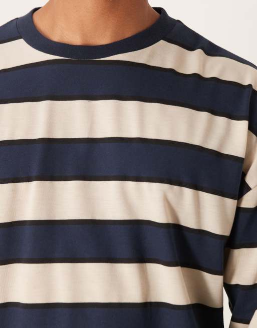 ASOS DESIGN boxy oversized long sleeve T-shirt with dropped shoulder in blue and brown stripe