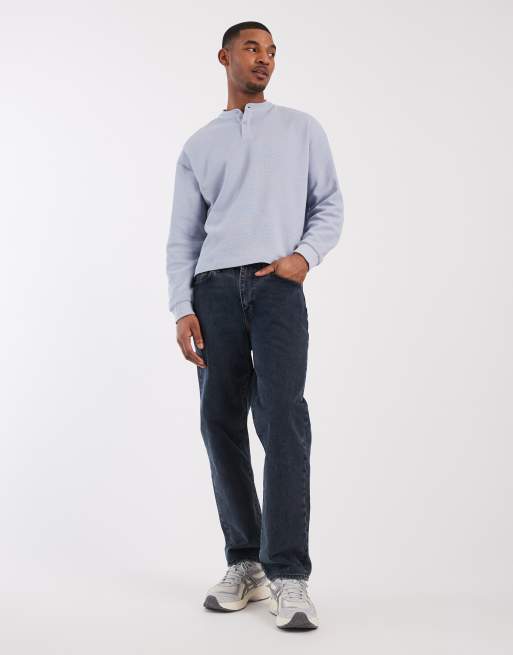 ASOS DESIGN boxy oversized long sleeve t-shirt with henley neck in blue waffle, 5 of 5