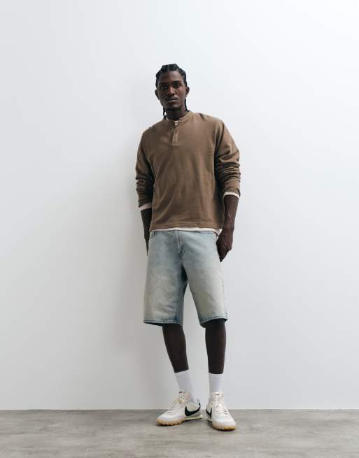 ASOS DESIGN boxy oversized long sleeve T-shirt with henley neck in brown texture, 3 of 5