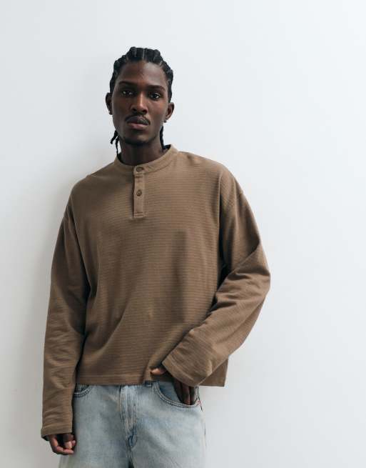 ASOS DESIGN boxy oversized long sleeve T-shirt with henley neck in brown texture, 4 of 5
