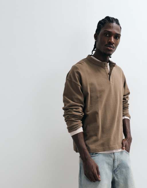 ASOS DESIGN boxy oversized long sleeve T-shirt with henley neck in brown texture, 5 of 5