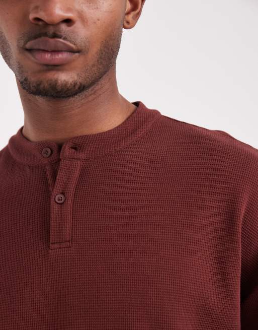 ASOS DESIGN boxy oversized long sleeve t-shirt with henley neck in brown waffle, 4 of 5