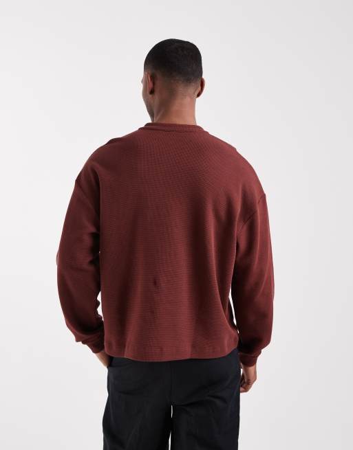 ASOS DESIGN boxy oversized long sleeve t-shirt with henley neck in brown waffle, 5 of 5