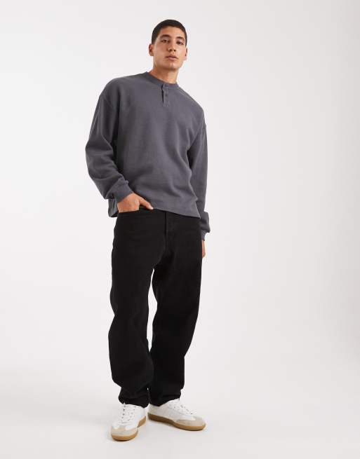 ASOS DESIGN boxy oversized long sleeve t-shirt with henley neck in charcoal waffle, 2 of 5