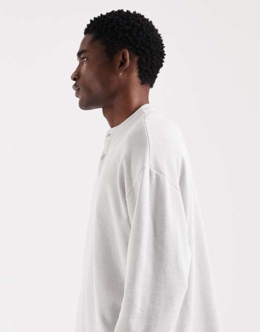 ASOS DESIGN boxy oversized long sleeve T-shirt with henley neck in gray waffle, 4 of 5