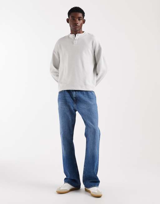 ASOS DESIGN boxy oversized long sleeve t-shirt with henley neck in grey waffle, 2 of 5