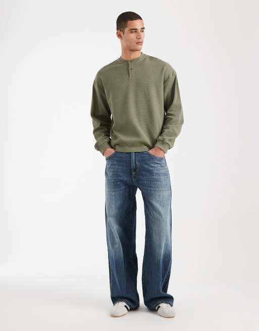 ASOS DESIGN boxy oversized long sleeve t-shirt with henley neck in khaki waffle , 2 of 5