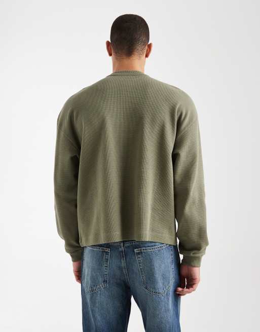 ASOS DESIGN boxy oversized long sleeve t-shirt with henley neck in khaki waffle , 3 of 5