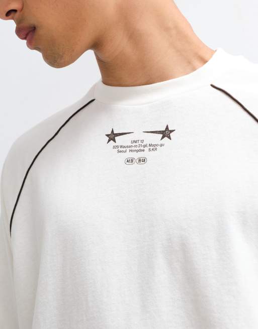 ASOS DESIGN boxy oversized long sleeve t-shirt with print and piping in cream, 3 of 5