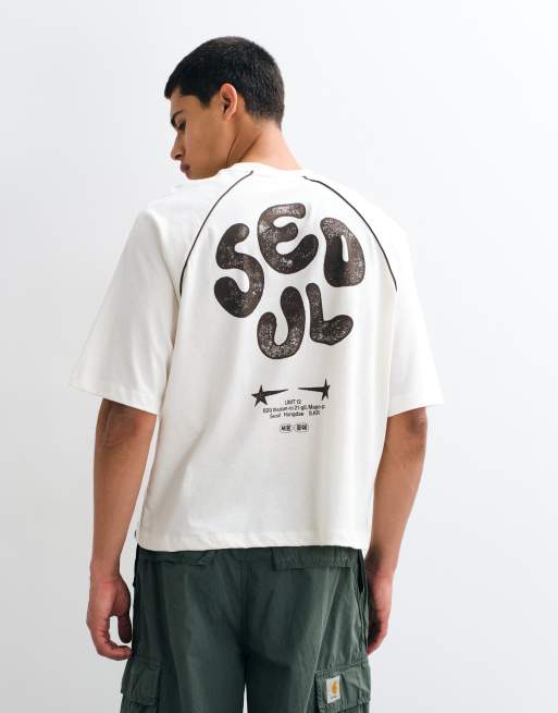 ASOS DESIGN boxy oversized long sleeve t-shirt with print and piping in cream, 5 of 5