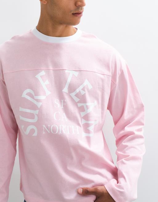 ASOS DESIGN boxy oversized long sleeve t-shirt with surf team graphic in pink, 3 of 5