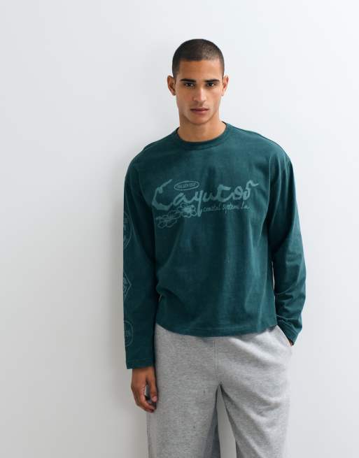 ASOS DESIGN boxy oversized long sleeve t-shirt with text graphic in green wash, 4 of 5