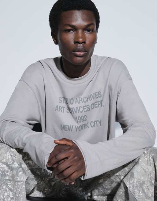 ASOS DESIGN boxy oversized long sleeve t-shirt with text graphic in stone, 2 of 9