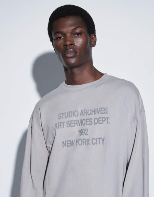 ASOS DESIGN boxy oversized long sleeve t-shirt with text graphic in stone, 4 of 9