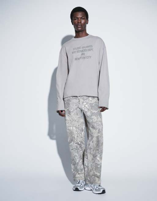 ASOS DESIGN boxy oversized long sleeve t-shirt with text graphic in stone, 5 of 9