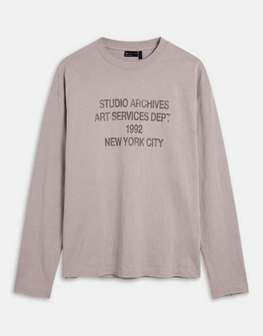 ASOS DESIGN boxy oversized long sleeve t-shirt with text graphic in stone, 6 of 9