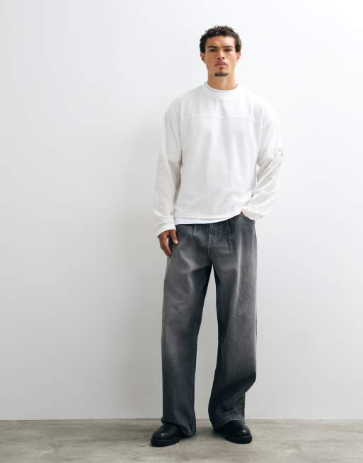 ASOS DESIGN boxy oversized long sleeve t-shirt with text in cream mesh, 2 of 5