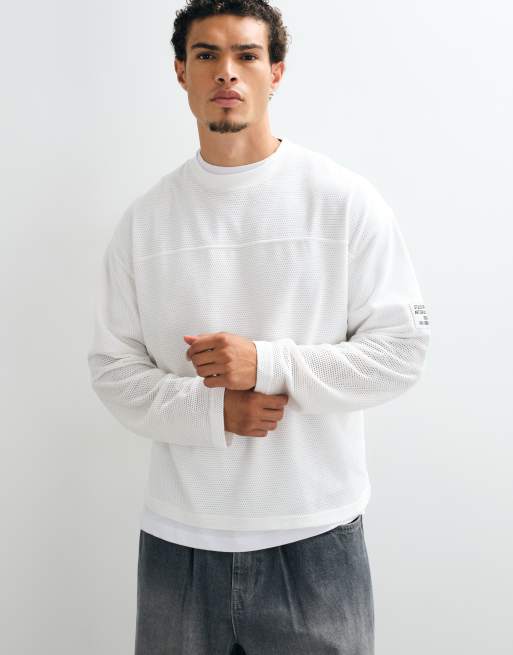 ASOS DESIGN boxy oversized long sleeve t-shirt with text in cream mesh, 3 of 5