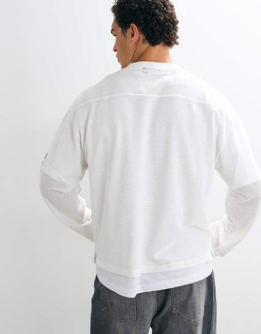 ASOS DESIGN boxy oversized long sleeve t-shirt with text in cream mesh, 4 of 5