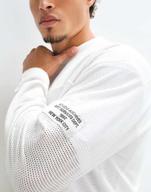 ASOS DESIGN boxy oversized long sleeve t-shirt with text in cream mesh, 5 of 5
