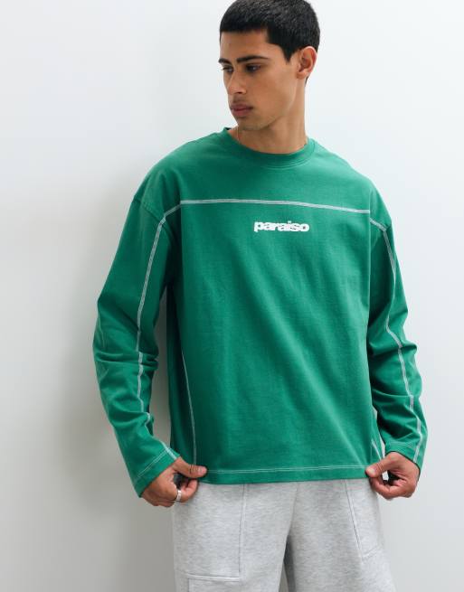 ASOS DESIGN boxy oversized long sleeve t-shirt with text print in green, 2 of 5