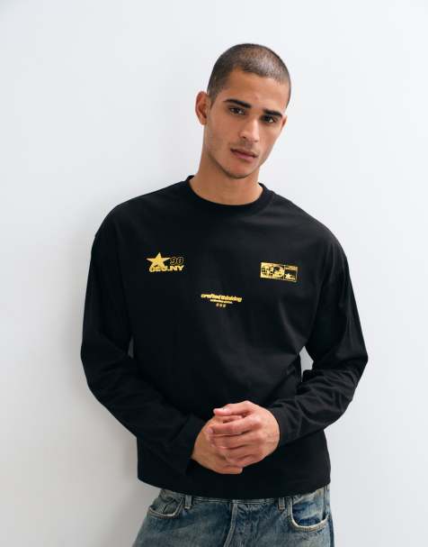 ASOS DESIGN boxy oversized long sleeve top with logo print in black - view 1