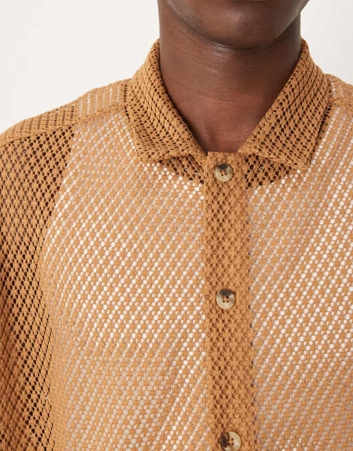 ASOS DESIGN boxy oversized mesh shirt in beige, 3 of 4