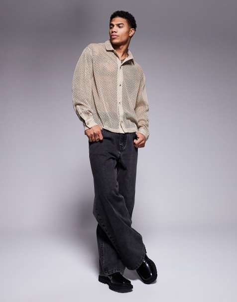 ASOS DESIGN boxy oversized mesh shirt in stone - view 1