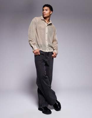 Asos Design Boxy Oversized Mesh Shirt In Brown