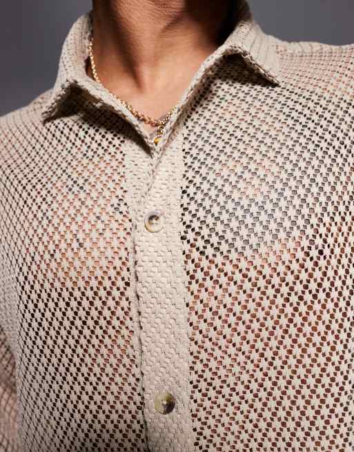 ASOS DESIGN boxy oversized mesh shirt in stone, 3 of 4