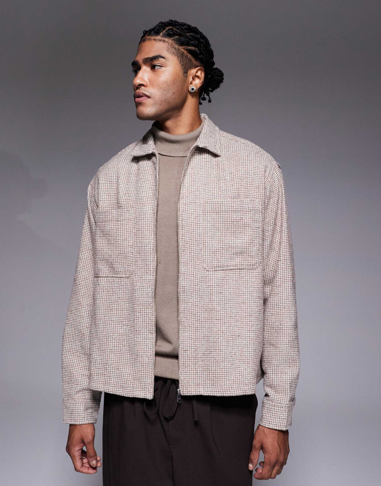 ДИЗАЙНЕРСКАЯ фланелевая рубашка ASOS в мелкую клетку свободного кроя в бежевую клетку от ASOS DESIGN