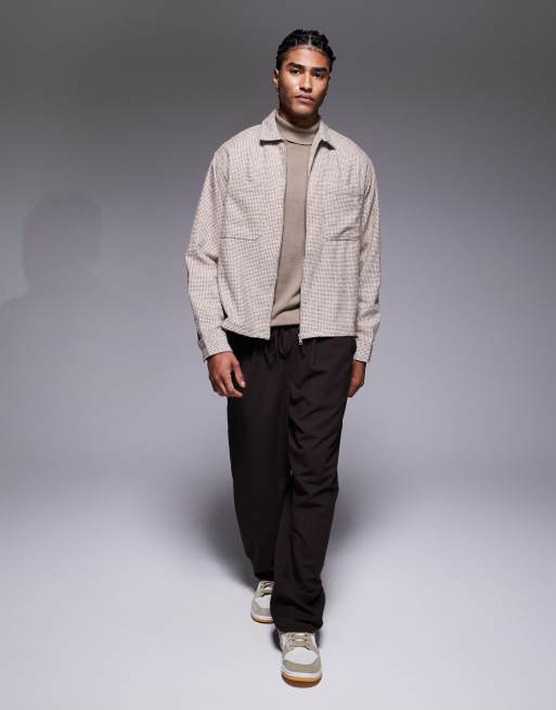 ASOS DESIGN boxy oversized micro check flannel shirt in beige