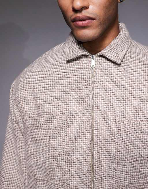 ASOS DESIGN boxy oversized micro check flannel shirt in beige