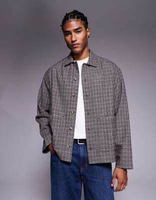 ASOS DESIGN boxy oversized micro check wool mix shirt in brown-Grey
