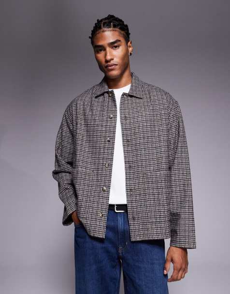 ASOS DESIGN boxy oversized micro check wool mix shirt in brown - view 1